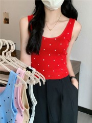 Actual shot of Vitality Girl U collar polka dot print versatile sleeveless vest top for women