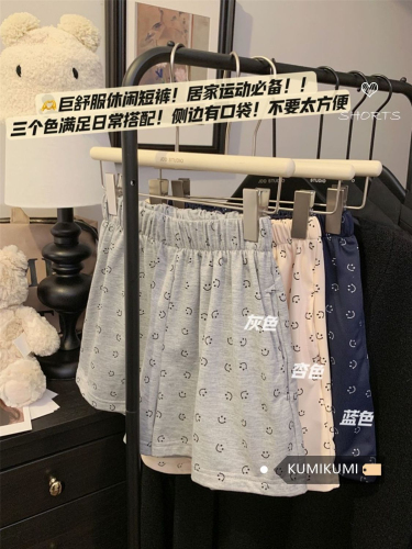 6535鱼鳞布 笑脸印花直筒裤宽松阔腿裤女装夏季休闲裤a字运动短款