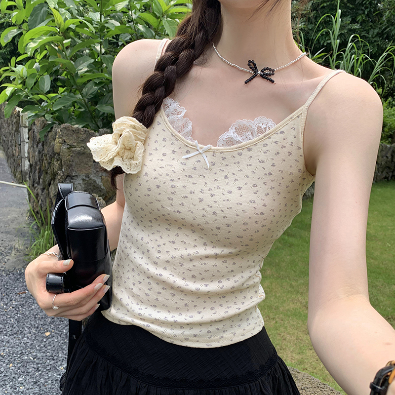 實拍圖蕾絲花邊蝴蝶結純棉小碎花吊帶女夏2024新款外穿甜辣上衣