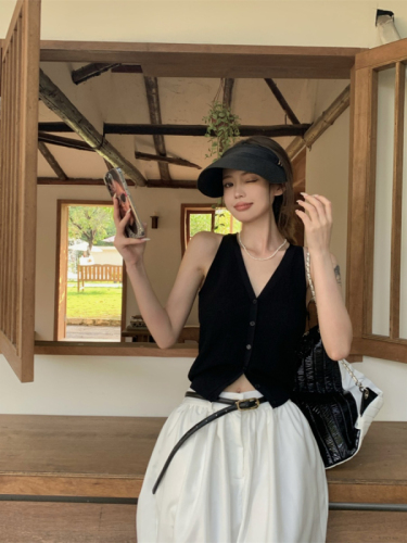 Chic black knit cardigan with spaghetti straps for women, 2024 summer versatile, unique and eye-catching short-sleeve top, trendy.