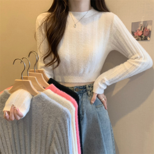 Autumn and winter hot girl soft and waxy imitation mink long-sleeved short knitted top for women