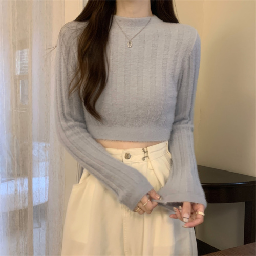Autumn and winter hot girl soft and waxy imitation mink long-sleeved short knitted top for women