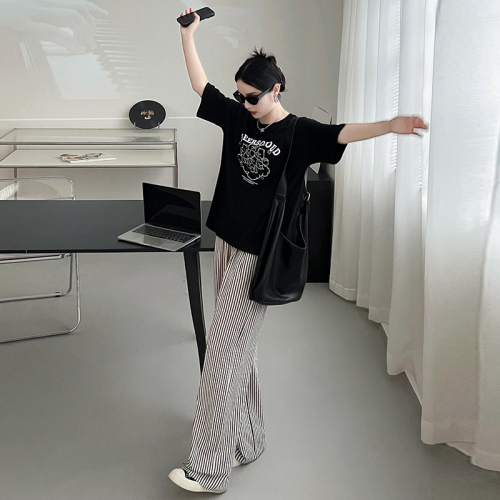 Three-dimensional waistband hem black and white vertical striped pants women's loose spring and summer straight walking pants casual versatile high waist