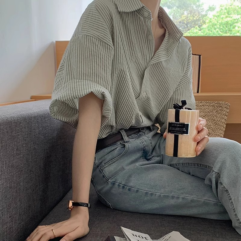 Vertical striped shirt women's summer French retro Hong Kong style design niche high-end chiffon short-sleeved casual top