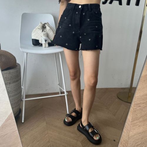 Retro love raw edge simple summer denim shorts