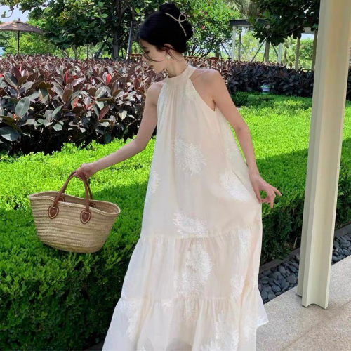 Original jacquard fabric + lining large size lace halterneck dress women's sleeveless long skirt covering belly and slimming skirt