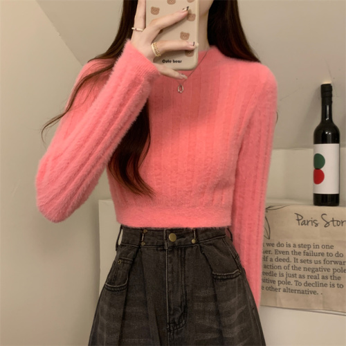 Autumn and winter hot girl soft and waxy imitation mink long-sleeved short knitted top for women