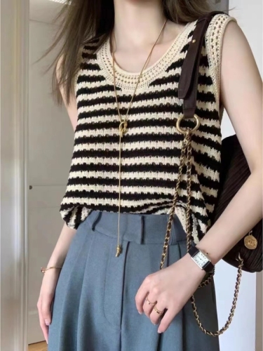 Ayuko black and white striped hollow knitted vest summer new loose outer strap sleeveless vest