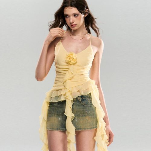 2024 new summer style asymmetric ruffle flower V-neck suspender resort style chiffon pleated sleeveless top summer