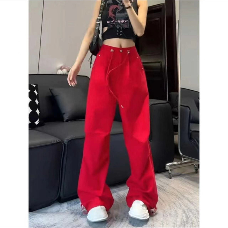 American sweet and cool red washed overalls for women summer new drawstring high waist slimming versatile casual wide leg pants