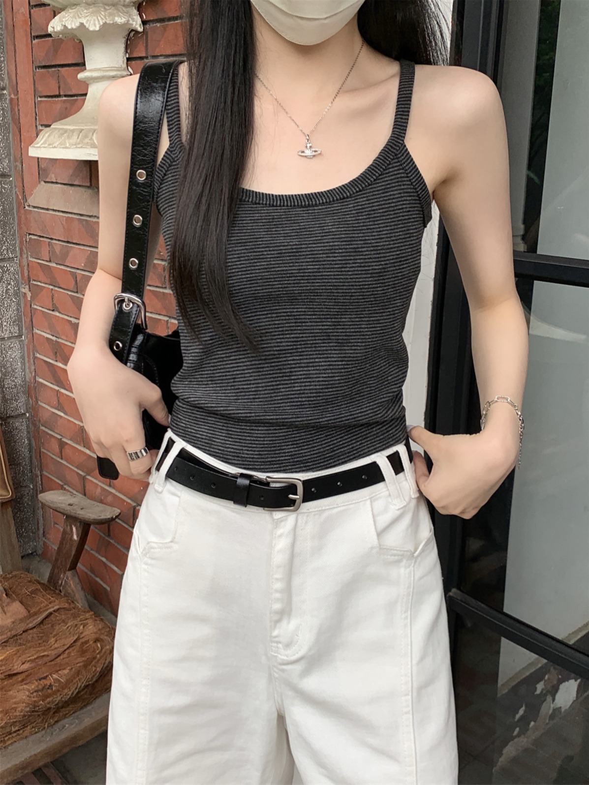 實拍 夏季韓版修身方領復古撞色條紋百搭顯瘦吊帶背心上衣女