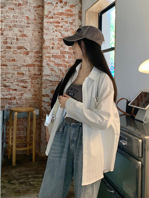 Designed blue sun protection shirt jacket summer new loose POLO collar mid-length cardigan women's top trendy