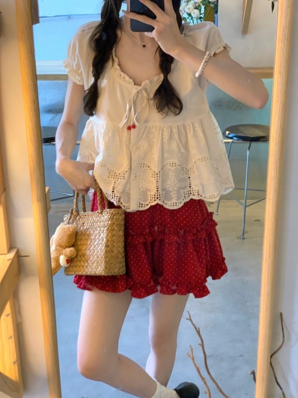 Real shot and real price ~ Red bean pop red polka dot skirt bow tie lace blouse top two piece set