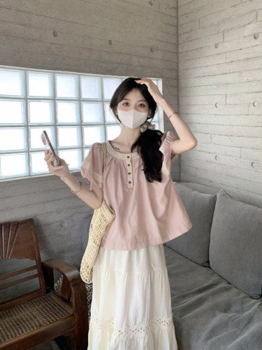 Actual shot and real price~Korean style short-sleeved round neck lace splicing shirt for small people new style small shirt puff-sleeved doll shirt