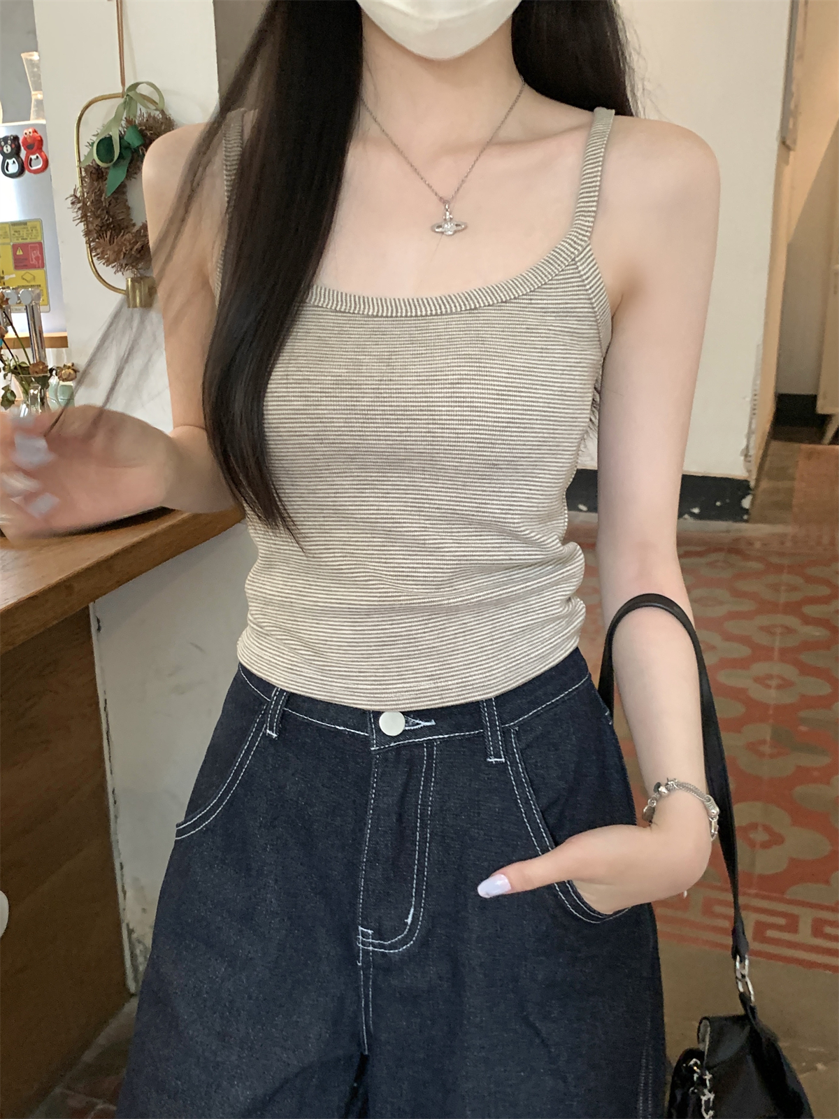 實拍 夏季韓版修身方領復古撞色條紋百搭吊帶背心上衣女