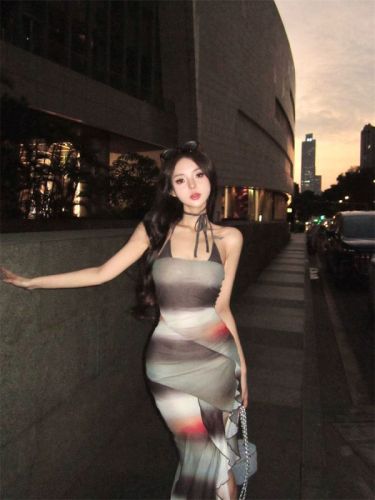 Real shot~Vacation style backless sling ruffled waist irregular slit mid-length dress for women summer