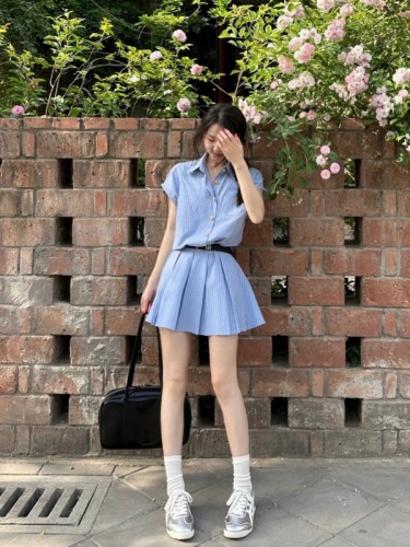 Real shots and real prices~College style blue striped lapel shirt dress for women summer waist pleated skirt short skirt