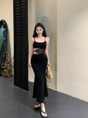 Real shot!  Temperament mesh stitching hollow suspender dress summer design black high waist pure desire long skirt