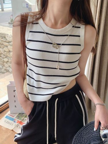 Pure lust hot girl style high-waisted navel-baring short striped vest for women summer new slim fit inner sleeveless