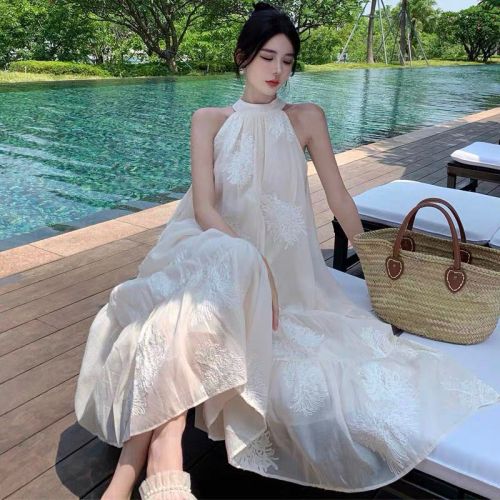 Original jacquard fabric + lining large size lace halterneck dress women's sleeveless long skirt covering belly and slimming skirt