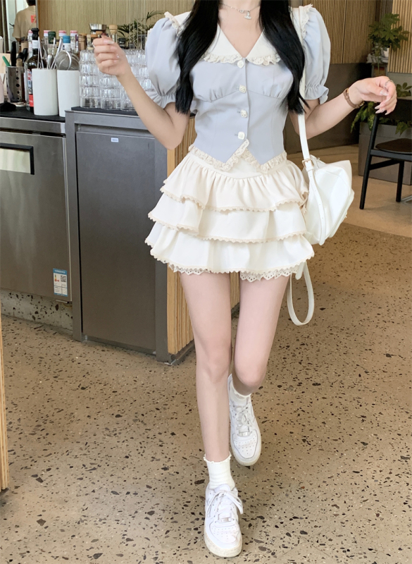 Real photos and real prices~Sweet navy collar suit, college style short-sleeved summer French age-reducing cake skirt