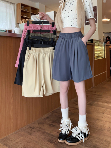 Official picture three-dimensional waist solid color loose casual pants women's summer three-quarter pants high-waisted wide-leg pants straight pants shorts