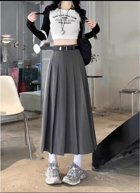 Large size gray college style suit skirt skirt women's high waist slim A-line skirt umbrella skirt pleated skirt long skirt ins