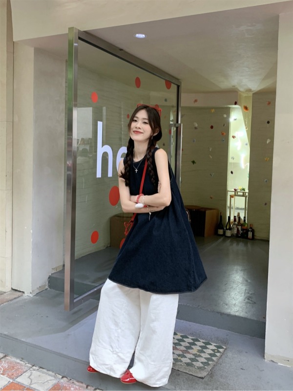Real shot, real price, vintage washed denim sleeveless tank top, versatile floor-length wide-leg pants suit