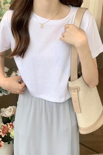 100% cotton short-sleeved loose casual basic candy solid color short top ins trend