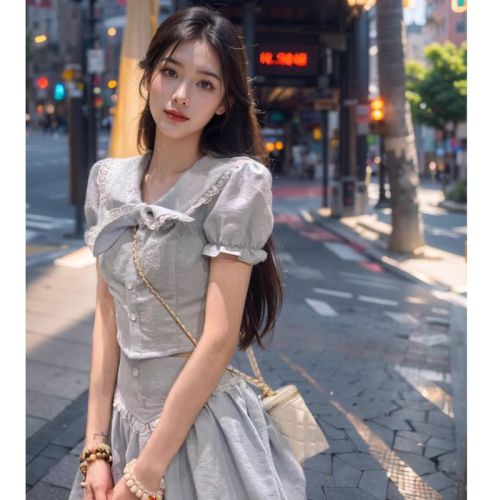 Summer new style French tea break lace double-collar short shirt + ruffled A-line skirt two-piece suit for women