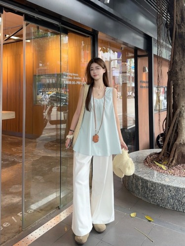 Actual shot ~ Korean style simple and fresh blue Tencel vest top for women + cotton high waist wide leg trousers suit