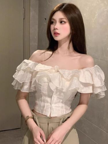 French white ruffled one-shoulder shirt for women summer fishbone waist slimming short off-shoulder top ins trend