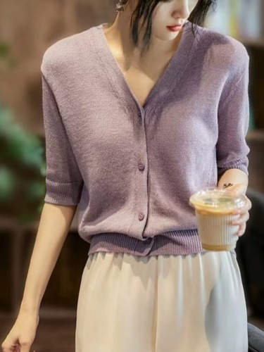 Xiaohangeい Comfortable cotton and linen~French elegant V-neck/mid-sleeve knitted cardigan ZWB563016MG