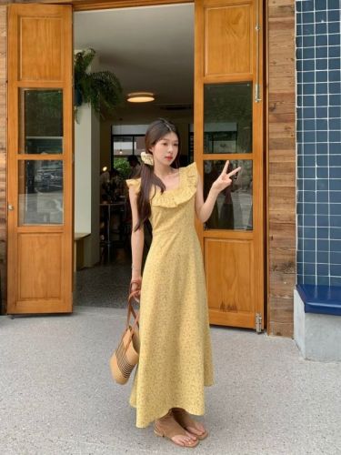 Actual shot 2024~The Past in Southern France Yellow Floral Strap Dress Women's Summer A-Line Waist Slimming Long Dress