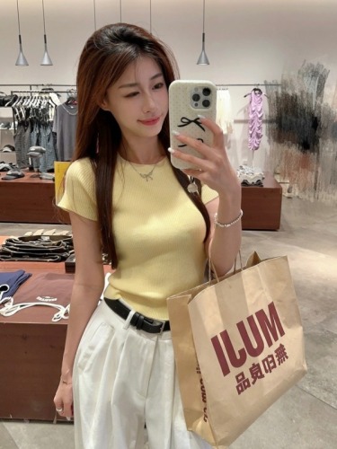 Real price yellow knitted right shoulder short sleeve t-shirt for women summer ice silk thin slim fit short top + wide leg pants