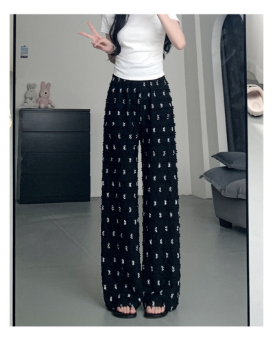 Lined bow wide leg pants for women summer ice silk high waist drape casual straight lace lazy striped pants