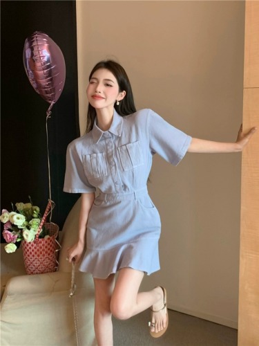 Real shot!  Denim Dress Women's Gentle Waist POLO Collar Temperament First Love Fishtail Skirt