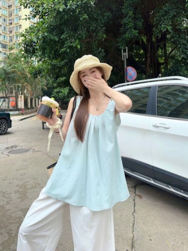 Actual shot ~ Korean style simple and fresh blue Tencel vest top for women + cotton high waist wide leg trousers suit