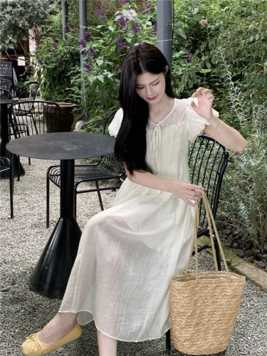 Actual shot of fresh and gentle style lace-up puff sleeve dress for women summer apricot temperament mid-length skirt