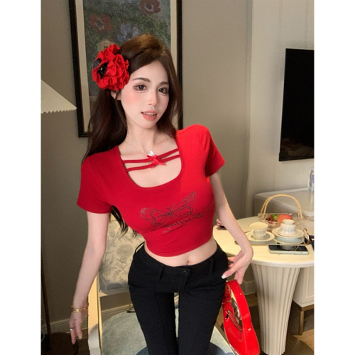 Short short sleeve t-shirt for women trendy printed butterfly tight sexy hollow top