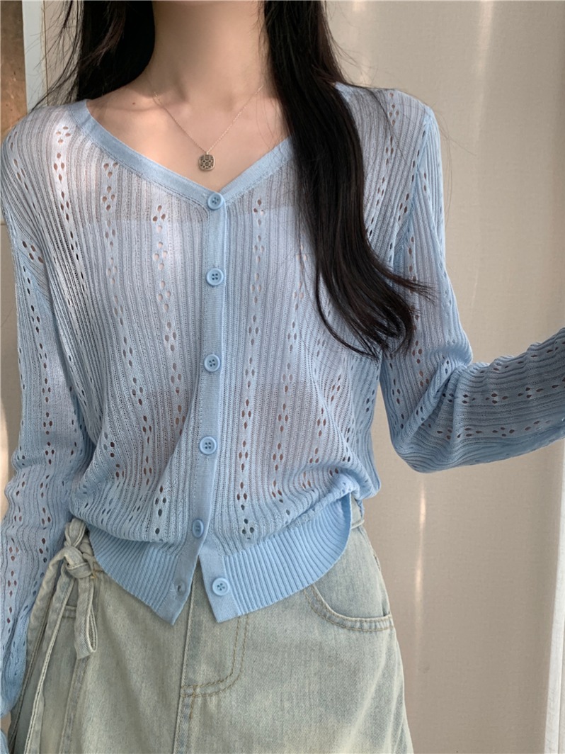 Real Shot Real Summer New V-neck Hollow Thin Sunscreen Knitted Cardigan Top for Women