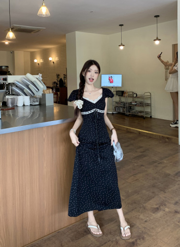 Real shot and real price Lace edge polka dot long skirt for women summer French waist slimming skirt