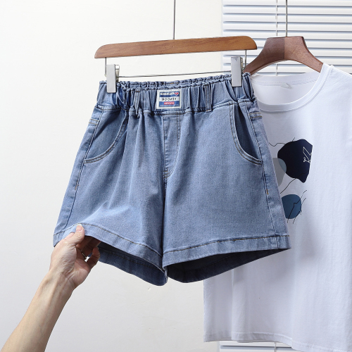 Actual shot of new summer European version loose large size elastic elastic waist denim shorts fat MM enlarged and fattened quarter pants