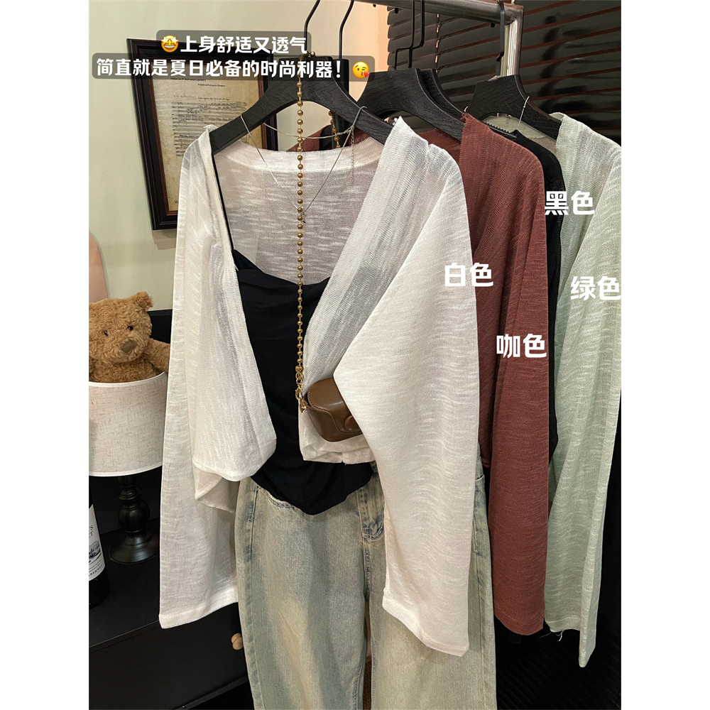 Real shot of Korean style thin sun protection chiffon jacket for women summer short loose suspender cardigan top
