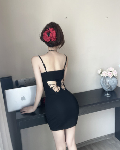 Butterfly backless suspender dress red white waist-hugging hip short skirt for women