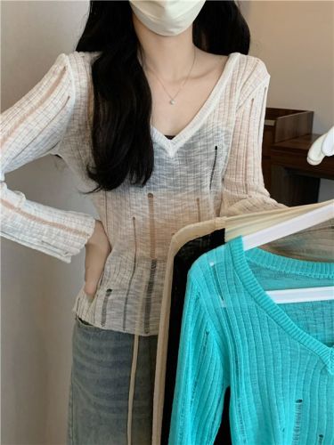 Actual shot of Pure Desire v-neck long-sleeved knitted blouse for women, lake blue hollow hole layered thin sun protection top