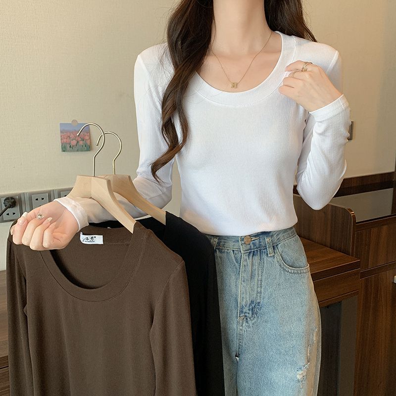 Spring and Autumn Korean Style Loose Round Neck Warm German Velvet Solid Color Short Bottoming Long Sleeve T-Shirt for Women