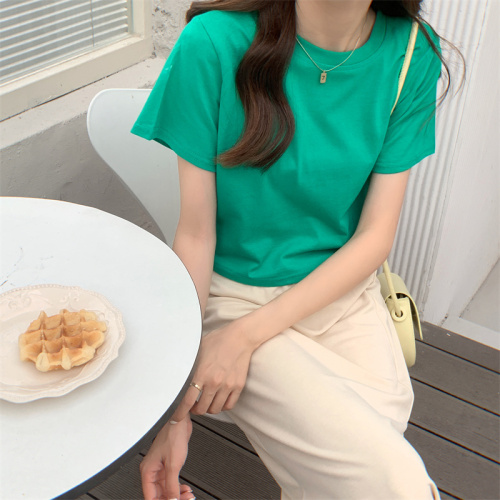 100% cotton short-sleeved loose casual basic candy solid color short top ins trend