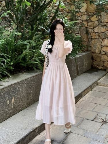 Actual shot of fresh and gentle style lace-up puff sleeve dress for women summer apricot temperament mid-length skirt