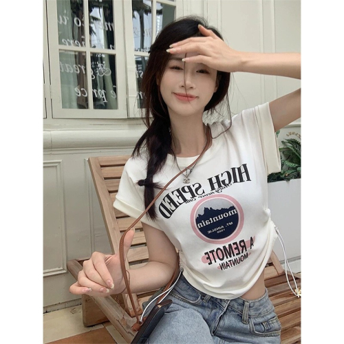 Fashion super hot American hot girl style short T-shirt summer niche personalized printed drawstring navel short-sleeved top for women